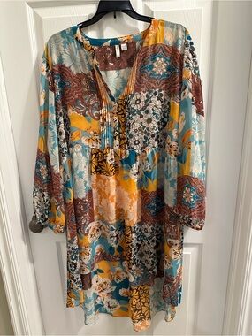 Cato Floral Print Blouse in Teal, Brown, Cream and Mustard VGC